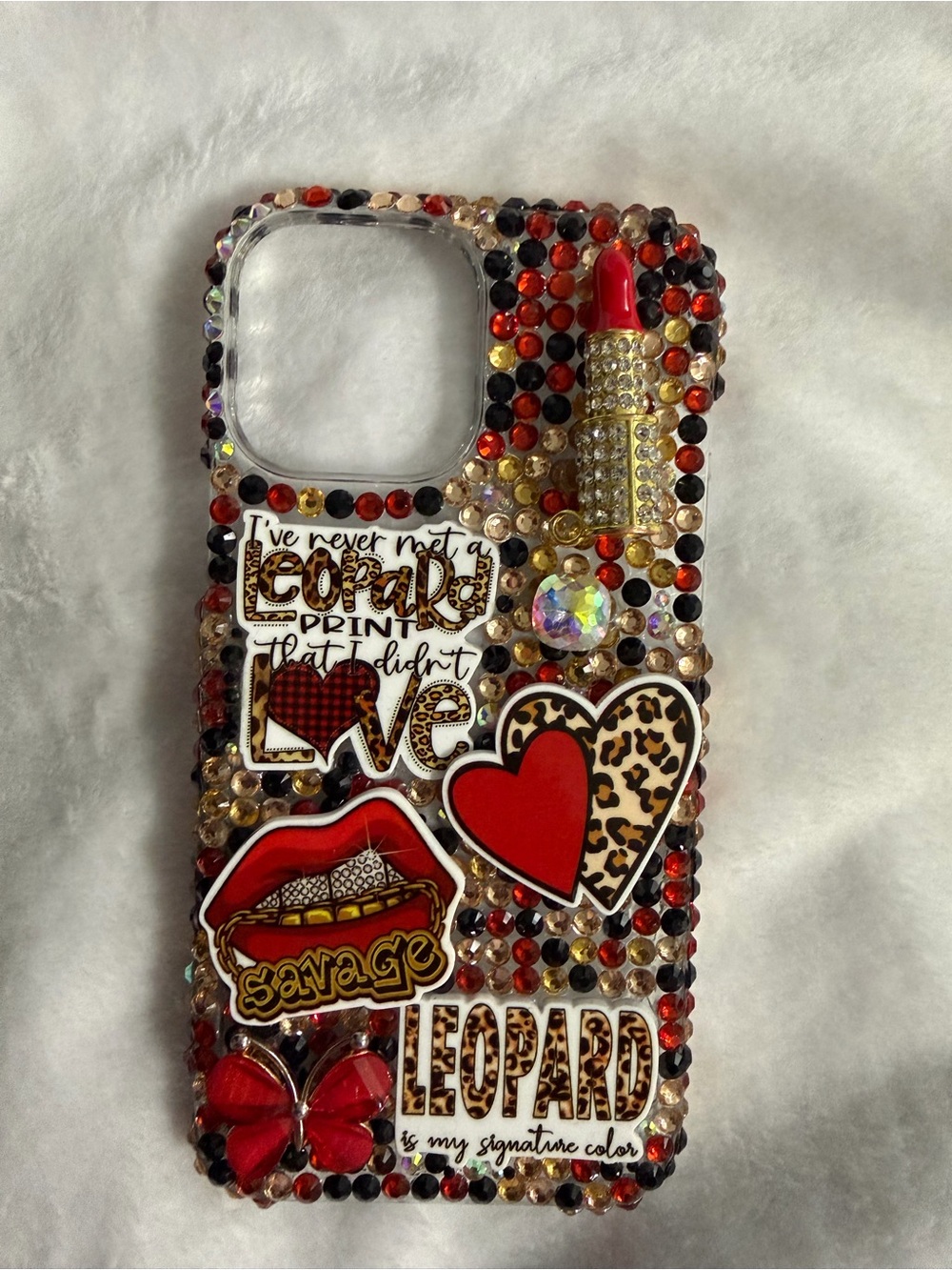 Handmade Red Leopard Print Rhinestone iPhone 13 Pro Max Junk Phone Case